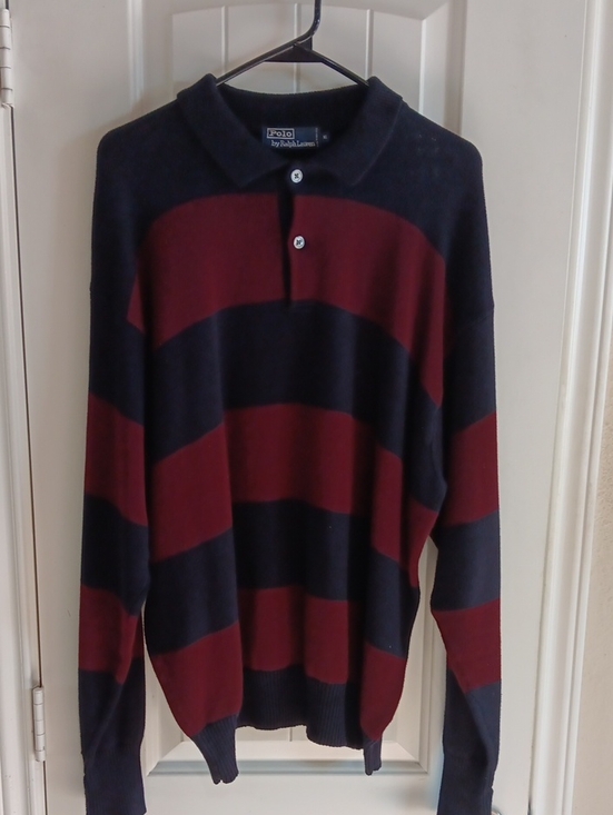 Polo Ralph Lauren Other - Vintage 90s Polo Ralph Lauren Knit Rugby Sweater XL Navy Burgundy Striped Preppy